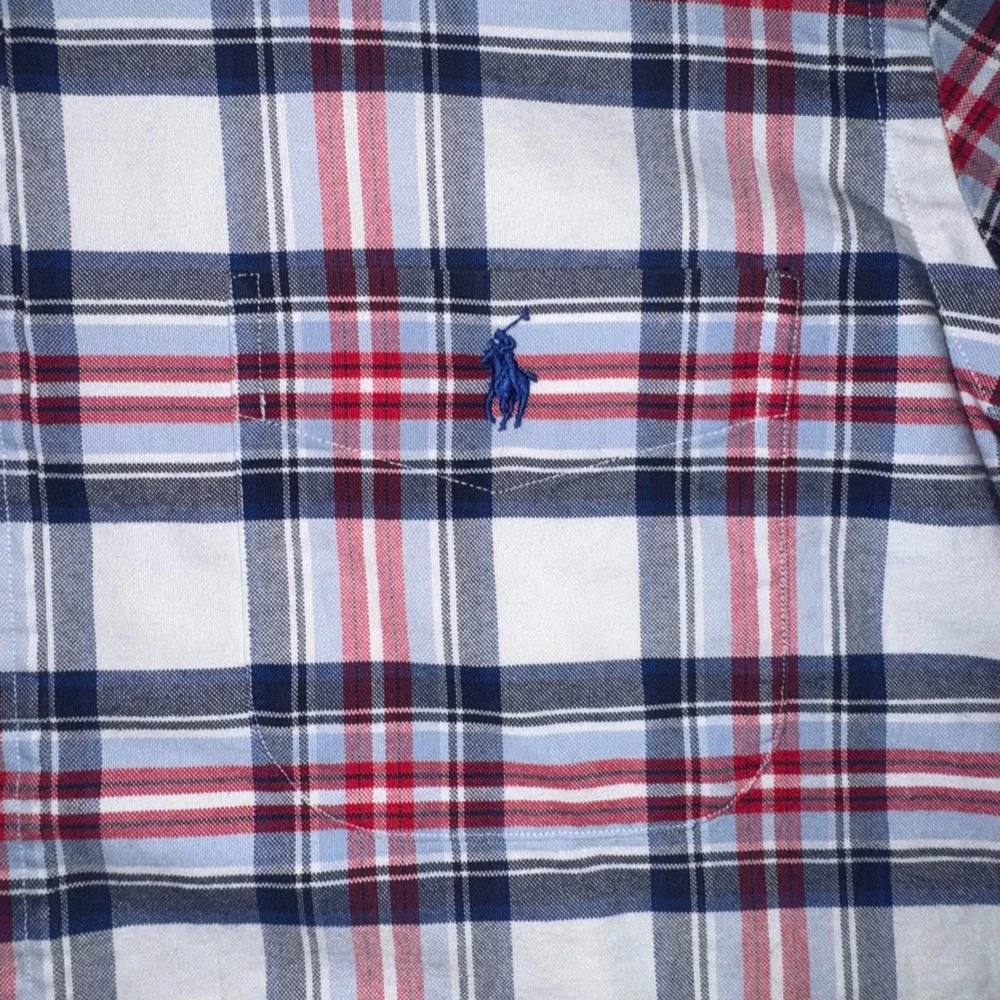 Men Large Ralph Lauren Polo  Button Down Shirt Plaid Excellent Short Sleeve